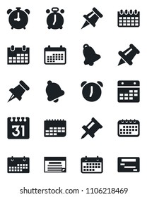 Set of vector isolated black icon - alarm clock vector, calendar, term, paper pin, bell, drawing, schedule
