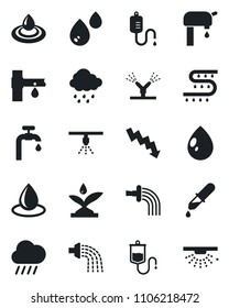 Set of vector isolated black icon - crisis graph vector, watering, water drop, rain, drip irrigation, dropper, supply, sprinkler