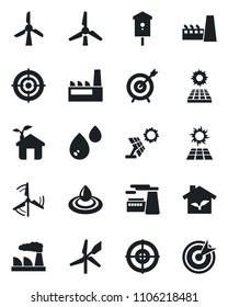 Set of vector isolated black icon - factory vector, bird house, target, sun panel, windmill, eco, water