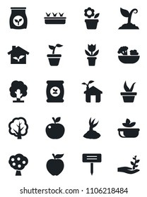 Set of vector isolated black icon - flower in pot vector, seedling, tree, sproute, plant label, fertilizer, fruit, salad, apple, eco house, palm