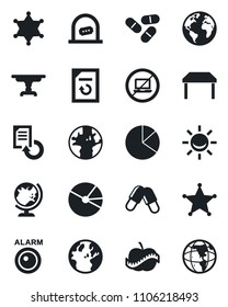 Set of vector isolated black icon - no laptop vector, ticket office, globe, document reload, pills, diet, earth, pie graph, table, police, alarm led