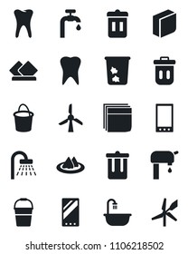 Set of vector isolated black icon - trash bin vector, shower, bucket, tooth, mobile, blank box, water supply, bathroom, serviette, windmill