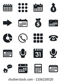 Set of vector isolated black icon - right arrow vector, calendar, circle chart, microphone, menu, calculator, phone, home message, money bag