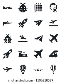 Set of vector isolated black icon - plane vector, departure, arrival, ladder car, boarding, seat map, globe, airport building, lady bug, rocket, paper, air balloon