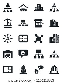 Set of vector isolated black icon - hierarchy vector, well, molecule, hospital, office building, garage, plan, home message