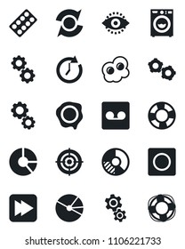 Set of vector isolated black icon - gear vector, circle chart, stamp, pills blister, fast forward, record, eye id, update, pie graph, target, washer, omelette, clock, crisis management