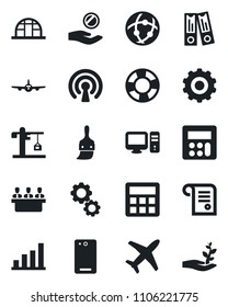 Set of vector isolated black icon - plane vector, gear, office binder, greenhouse, phone back, themes, calculator, network, bar graph, meeting, crane, wireless, pc, investment, crisis management