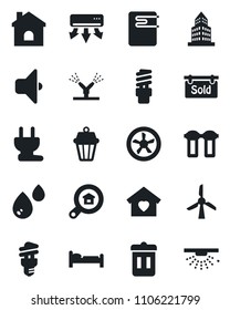 Set of vector isolated black icon - bed vector, house, office building, sold signboard, estate search, sweet home, power plug, fan, irrigation, water heater, air conditioner, filter, outdoor lamp
