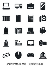 Set of vector isolated black icon - airport building vector, mobile phone, mouse, notebook pc, route, camera, video, back, office, cushioned furniture, city house, radiator, case, calculator