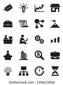 Set of vector isolated black icon - reception vector, manager place, office building, arrow up graph, gear, motivation, clock, growth, money search, idea, case, social media, hierarchy, mail, sand