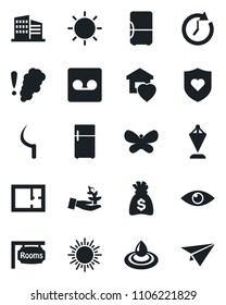 Set of vector isolated black icon - sun vector, pennant, money bag, butterfly, sickle, heart shield, eye, record, plan, rooms, office building, sweet home, water, smoke detector, fridge, clock