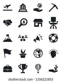 Set of vector isolated black icon - departure vector, seedling, consumer search, group, shining head, motivation, handshake, earth, office chair, investment, flag, case, crisis management, award cup