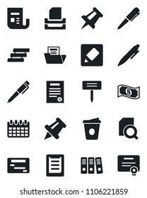 Set of vector isolated black icon - pen vector, coffee, drawing pin, calendar, plant label, clipboard, news, paper, notes, document folder, search, binder, tray, contract, cash, schedule