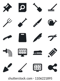 Set of vector isolated black icon - document search vector, pen, job, pencil, trowel, shovel, farm fork, rake, watering can, pruner, hoe, monitor pulse, drawing pin, stapler, cutting board, knife