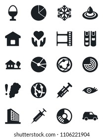 Set of vector isolated black icon - radar vector, office building, circle chart, syringe, heart hand, eye, film frame, network, pie graph, book, house with tree, smart home, egg stand, snowflake