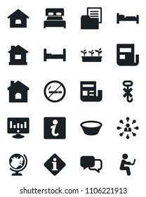 Set of vector isolated black icon - no smoking vector, globe, bed, hierarchy, statistic monitor, house, seedling, folder document, hook, dialog, news, bedroom, bowl, information, man with notebook