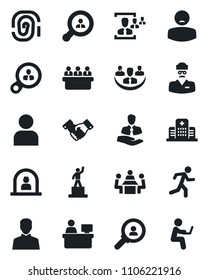 Set of vector isolated black icon - reception vector, handshake, pedestal, meeting, manager place, run, hospital, doctor, patient, client, user, company, hr, search, fingerprint, consumer