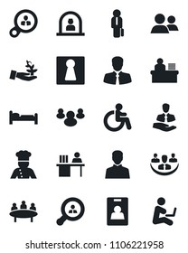 Set of vector isolated black icon - female vector, disabled, reception, bed, meeting, client, group, user, company, identity card, manager desk, search, cook, consumer, palm sprout
