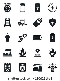 Set of vector isolated black icon - fork loader vector, factory, ladder, fire, speaker, battery, rca, protect, charge, sun panel, remote control, bulb, alarm led, idea