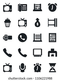 Set of vector isolated black icon - alarm clock vector, phone, tv, abacus, film frame, video camera, microphone, call, office, fireplace, outdoor lamp, money bag, sand