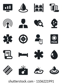 Set of vector isolated black icon - bomb in case vector, passport, bed, luggage storage, contract, statistic monitor, water drop, heart diagnostic, pills blister, ambulance star, patient, antenna