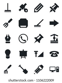 Set of vector isolated black icon - right arrow vector, presentation board, drawing pin, bulb, job, pencil, garden fork, rake, well, satellite, hdmi, cellular signal, ink pen, phone, pc