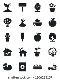 Set of vector isolated black icon - flower in pot vector, seedling, tree, sproute, plant label, fertilizer, fruit, salad, apple, eco house, palm
