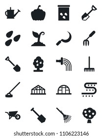 Set of vector isolated black icon - job vector, garden fork, shovel, rake, watering can, wheelbarrow, sproute, hoe, sickle, pumpkin, greenhouse, seeds, drip irrigation, fruit tree
