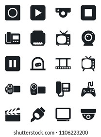 Set of vector isolated black icon - ticket office vector, clapboard, film frame, tv, gamepad, video camera, play button, pause, stop, hdmi, record, web, intercome, surveillance