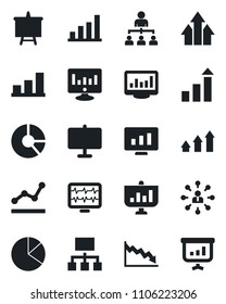 Set of vector isolated black icon - growth statistic vector, hierarchy, presentation board, monitor, circle chart, pulse, statistics, bar graph, pie, point, arrow up, crisis