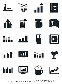 Set of vector isolated black icon - growth statistic vector, monitor, barcode, equalizer, scanner, statistics, bar graph, alcohol, wine card, drink, cocktail, phyto, beer, sushi, arrow up