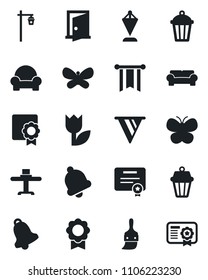 Set of vector isolated black icon - pennant vector, butterfly, garden light, tulip, themes, bell, sertificate, cushioned furniture, restaurant table, outdoor lamp, door, pennon, certificate