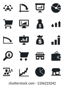 Set of vector isolated black icon - growth statistic vector, money bag, crisis graph, store, monitor statistics, pie, hr, consumer search, arrow up, wallet, cart, presentation, storefront
