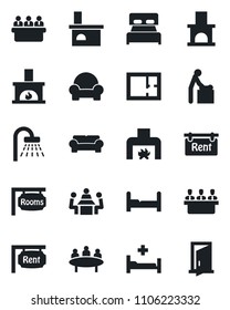 Set of vector isolated black icon - baby room vector, shower, meeting, fireplace, hospital bed, plan, rent, rooms, bedroom, cushioned furniture, door