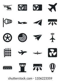 Set of vector isolated black icon - plane vector, airport tower, radar, wind, helicopter, seat map, air conditioner, fan, paper, balloon