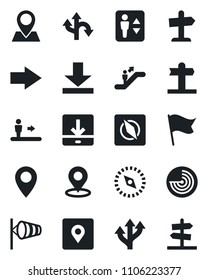 Set of vector isolated black icon - elevator vector, escalator, right arrow, wind, radar, route, signpost, pin, download, place tag, compass, flag, guidepost