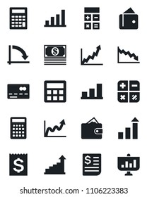 Set of vector isolated black icon - credit card vector, growth statistic, calculator, crisis graph, receipt, bar, wallet, cash, presentation