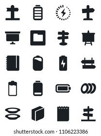 Set of vector isolated black icon - signpost vector, notepad, presentation board, battery, low, folder, charge, blank box, plates, guidepost