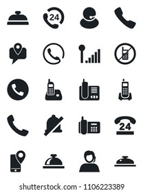 Set of vector isolated black icon - phone vector, no mobile, reception bell, office, 24 hours, support, tracking, radio, call, mute, cellular signal