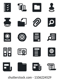 Set of vector isolated black icon - passport vector, stamp, contract, office binder, document search, folder, news, paper clip, checklist, certificate