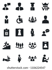 Set of vector isolated black icon - female vector, vip, speaking man, team, disabled, pregnancy, client, speaker, user, company, identity card, meeting, manager, career ladder, waiter, cook