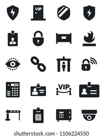 Set of vector isolated black icon - fence vector, barrier, security gate, identity, safe, lock, card, shield, flammable, chain, protect, eye id, vip zone, wireless, combination, surveillance