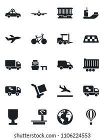 Set of vector isolated black icon - taxi vector, arrival, alarm car, fork loader, plane, bike, earth, railroad, sea shipping, truck trailer, delivery, port, fragile, cargo, heavy scales, moving