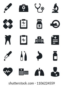 Set of vector isolated black icon - heart pulse vector, doctor case, diagnosis, stethoscope, dropper, microscope, pills bottle, ampoule, patch, tomography, stomach, lungs, caries, clipboard