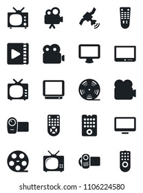 Set of vector isolated black icon - reel vector, satellite, tv, video camera, remote control, monitor