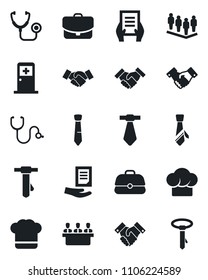 Set of vector isolated black icon - medical room vector, handshake, team, tie, document, stethoscope, meeting, cook hat, case