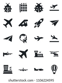 Set of vector isolated black icon - plane vector, departure, arrival, ladder car, boarding, helicopter, seat map, globe, airport building, lady bug, rocket, paper, air balloon