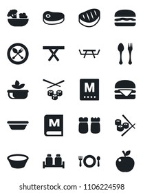 Set of vector isolated black icon - spoon and fork vector, picnic table, cafe, menu, salad, salt pepper, steak, hamburger, bowl, sushi, apple fruit