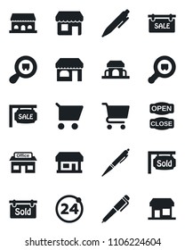 Set of vector isolated black icon - 24 around vector, shop, pen, store, search cargo, sale, sold signboard, cafe building, open close, cart, storefront