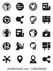 Set of vector isolated black icon - satellite antenna vector, bomb in case, globe, plane, earth, pin, consolidated cargo, network, share, news, social media